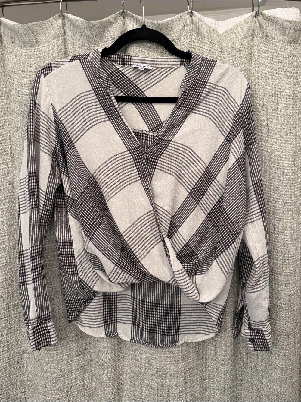 Womens Black & White Plaid Wrap Front Top